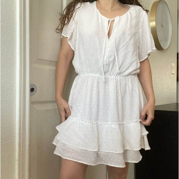 Abercrombie‎ & Fitch Swiss Dot Cinched Waist Tiered Mini Dress Sz Large White - Picture 2 of 5